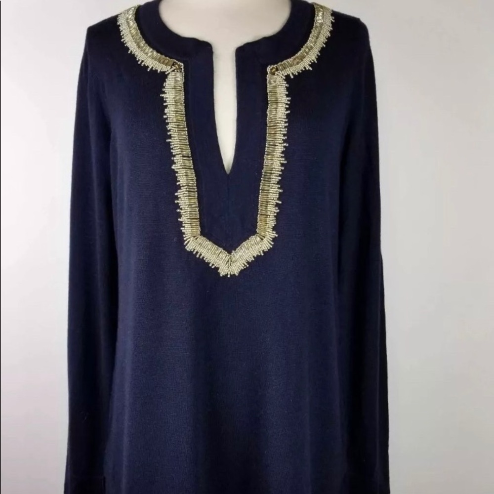 TORY BURCH NAVY MERINO WOOL EMBELLISHED TUNIC TOP